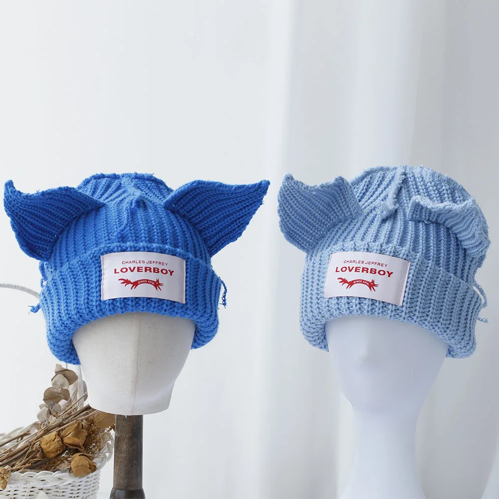 2024 NEW Winter Skullies Cute Women blue colour fox Hat Crochet Knitted Hat Costume Beanie Hats Women christmas Gift Hip-hop Cap