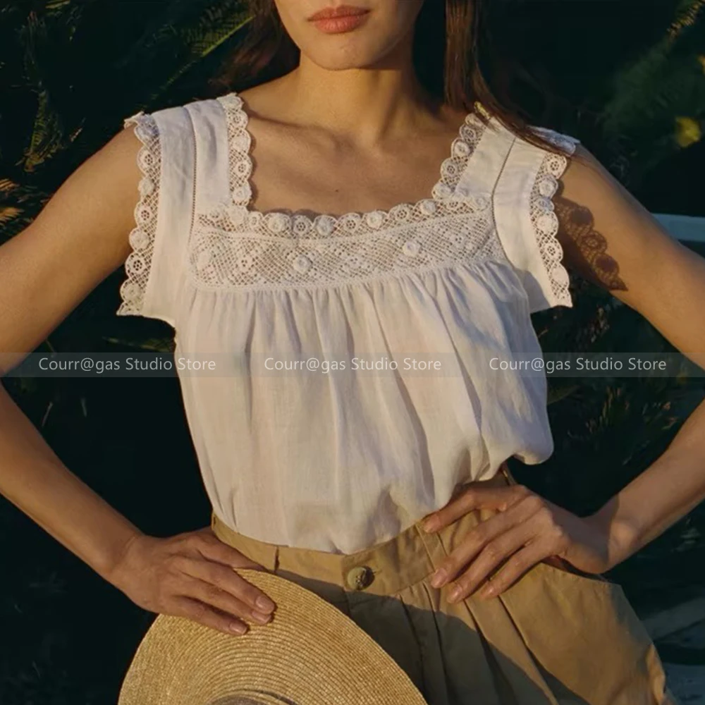 

French niche ruffled openwork embroidery crochet square neck sleeveless peplum undershirt top 2024 spring and summer new