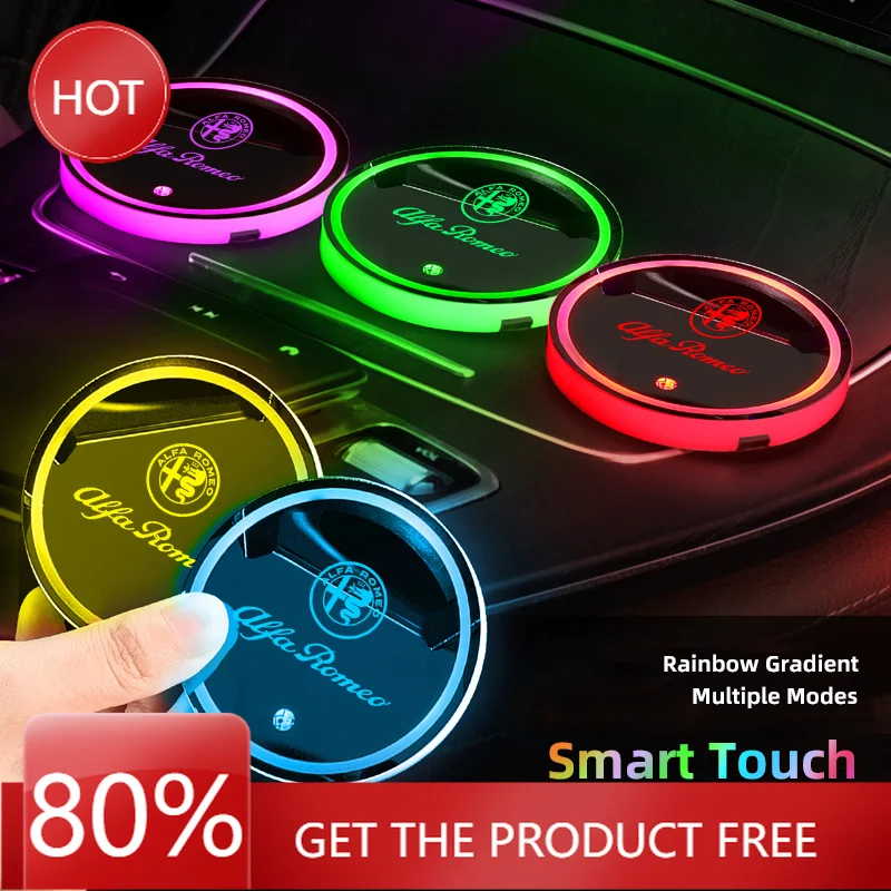 Hub Caps 2PCS LED Cup Holder Rechargeable Rainbow Light Up Coasters For Alfa Romeo 156 159 147 4C 8C 166 Giulia Giulietta Mito S