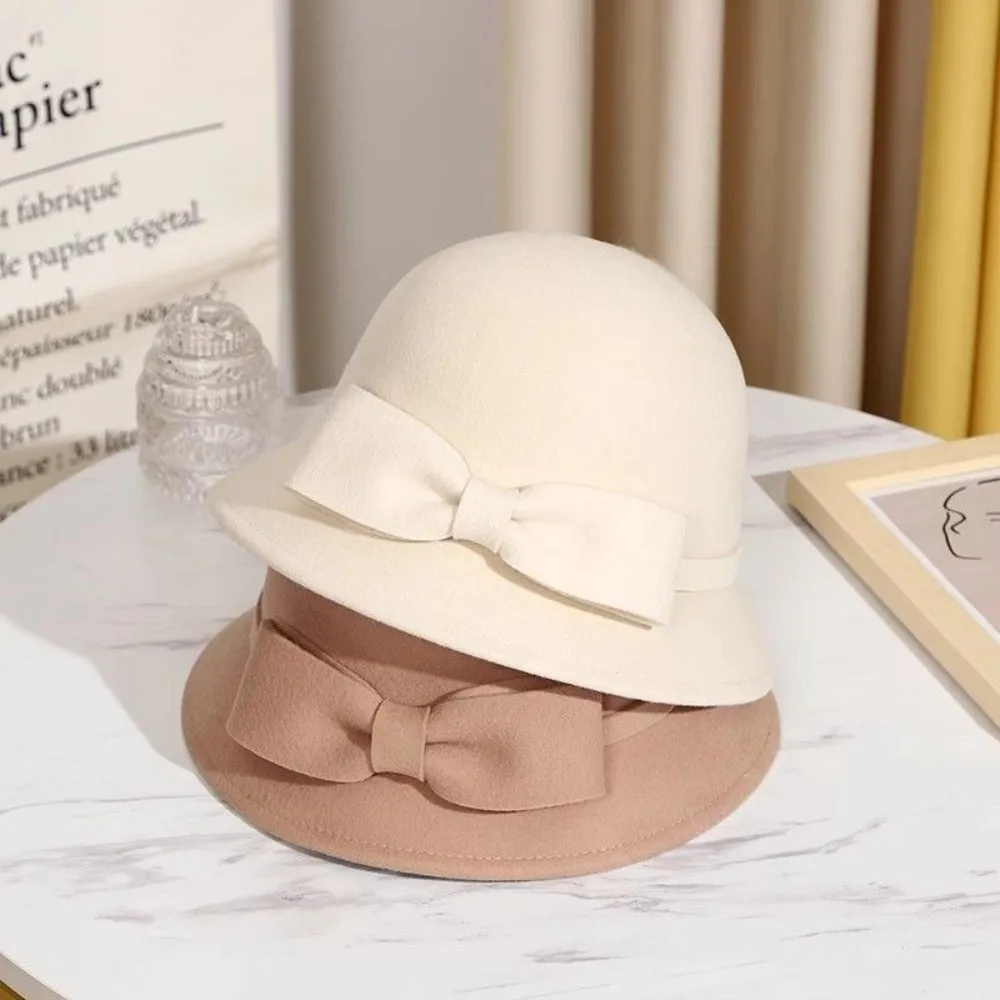 Fashion Solid Color Bow Topper Hat Keep Warm French Style Women Fisherman Hat Black Flat-top Woolen Bucket Hat Lady