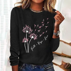 Dandelion Pink Ribbon Print Womens T-Shirt Designer Long Sleeve T-Shirt Polyester Women Fashion Long Sleeve