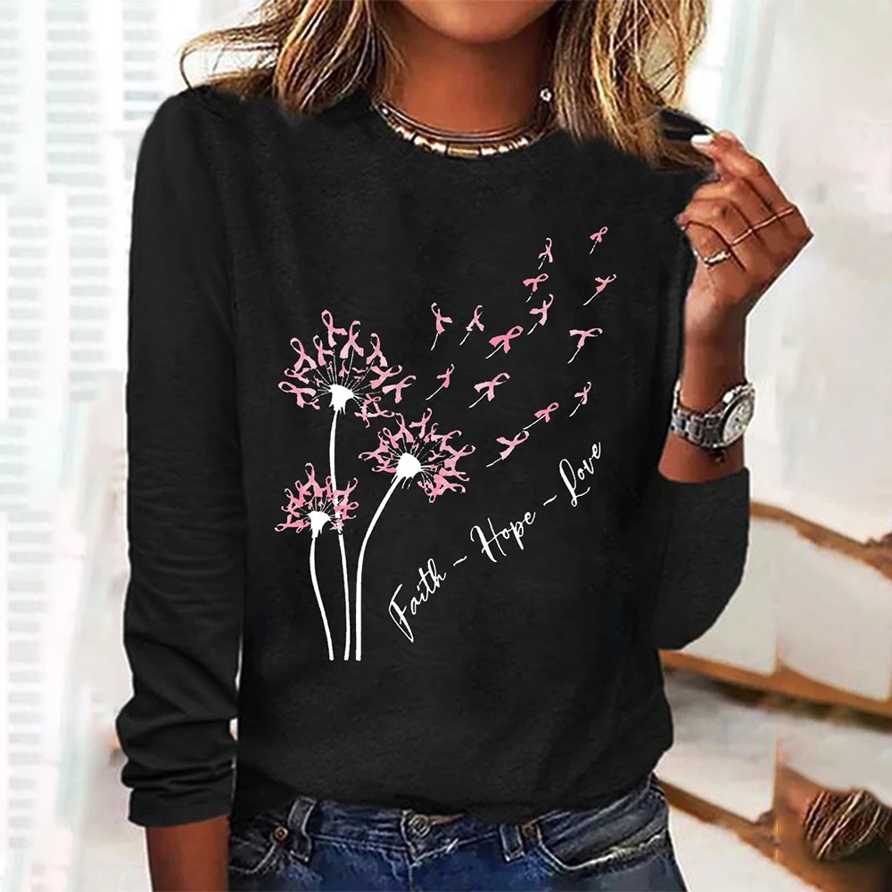 Dandelion Pink Ribbon Print Womens T-Shirt Designer Long Sleeve T-Shirt Polyester Women Fashion Long Sleeve