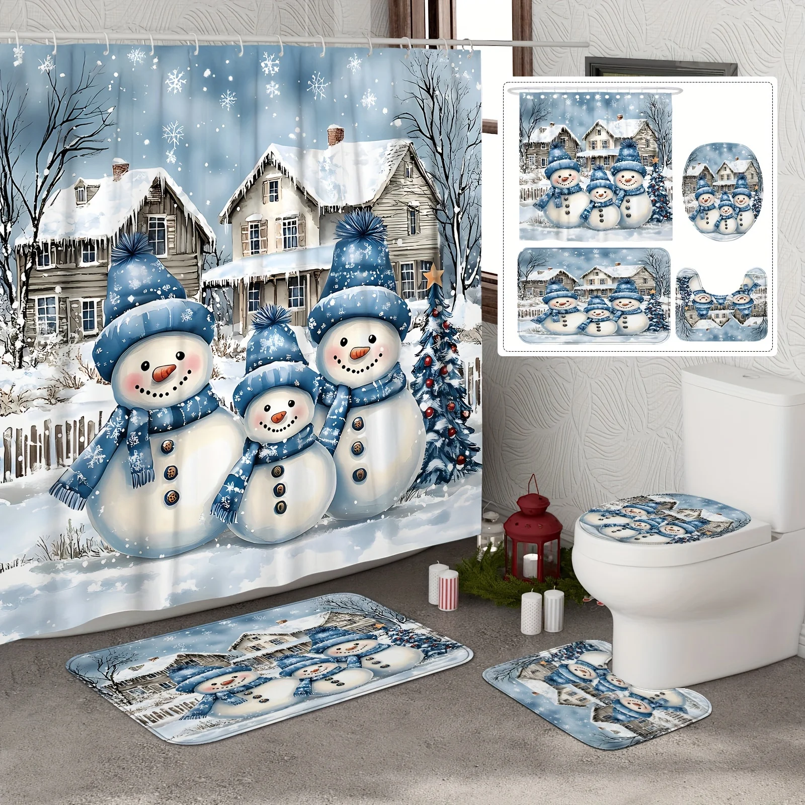 

4Pcs Xmas Shower Set – Tree Snowman Snowflake, Cute Blue, 12 Hooks, Non-Slip Mat, U-Cover, Holiday Bathroom Decor