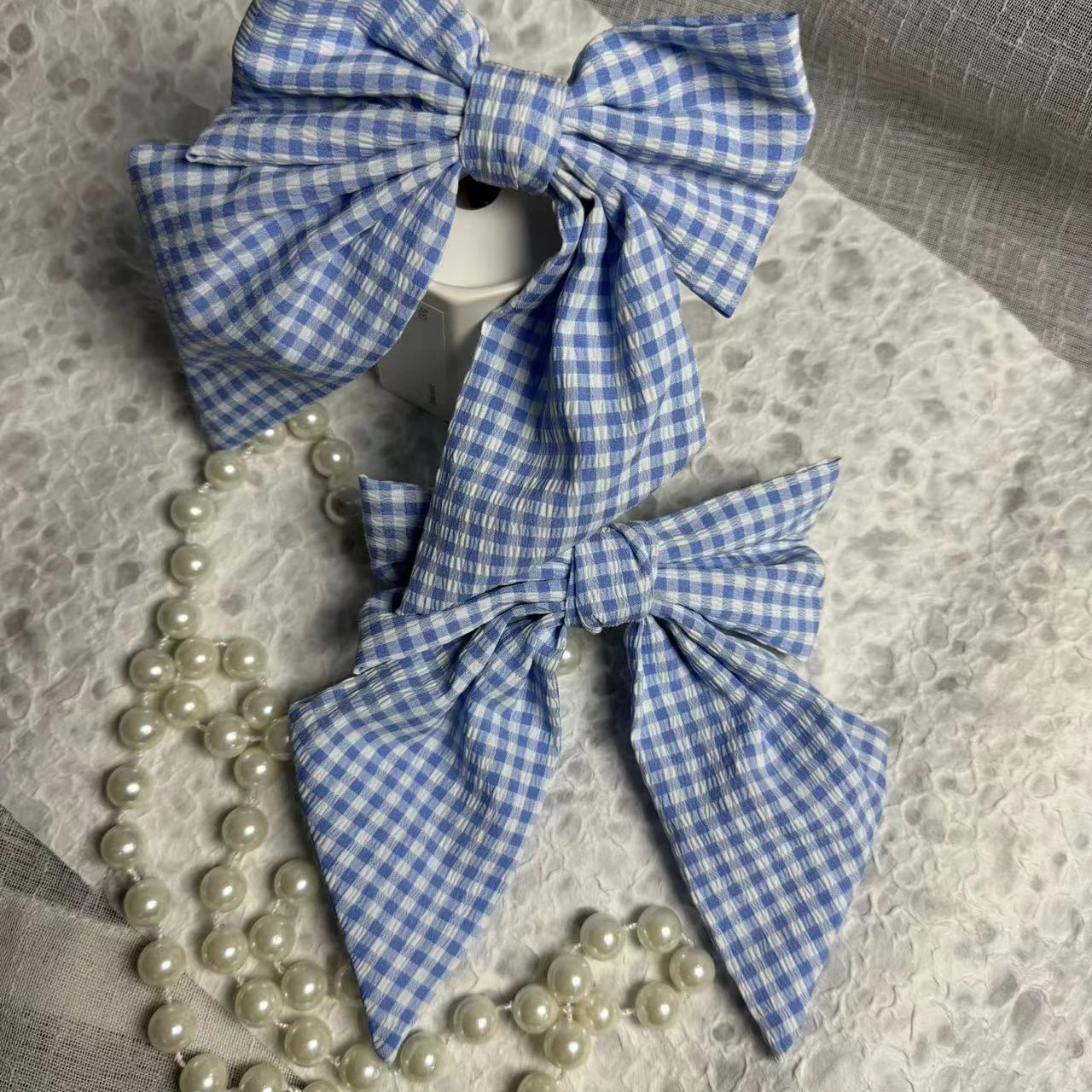 Blue Color Plaid Cute Satin Cloth Ribbon Hair Bows Barrettes French Coquette Bow Hair Clips for Women Girls