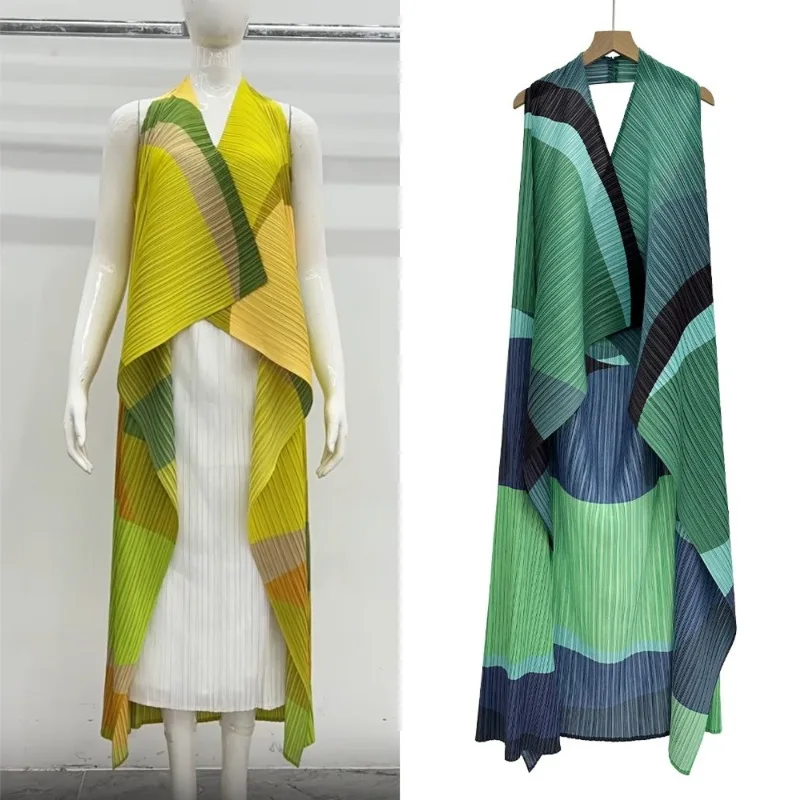 Miyake Pleated Long Coat Plisse Women 2026 Autumn New Color-Block Wave Fold Print Irregular Backless Sleeveless Long Trench Coat
