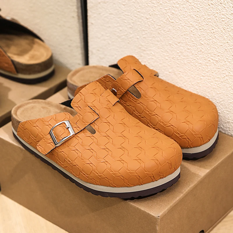 Knitted Cow Leather Cork Slippers Trend Men Women Clogs Mules Footbed Cork Mules Half Shoes Autumn Winter Cork Daily Slide Comfy