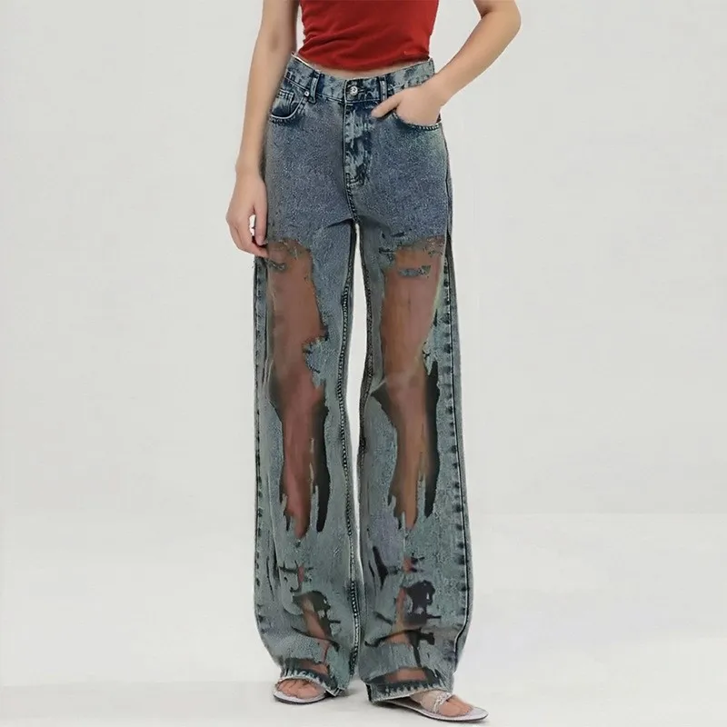 

Y2K Retro Hollowed Out Jeans for Women's Summer Hot Girls Mesh Patchwork Loose Wide Leg Pants Female Clothes