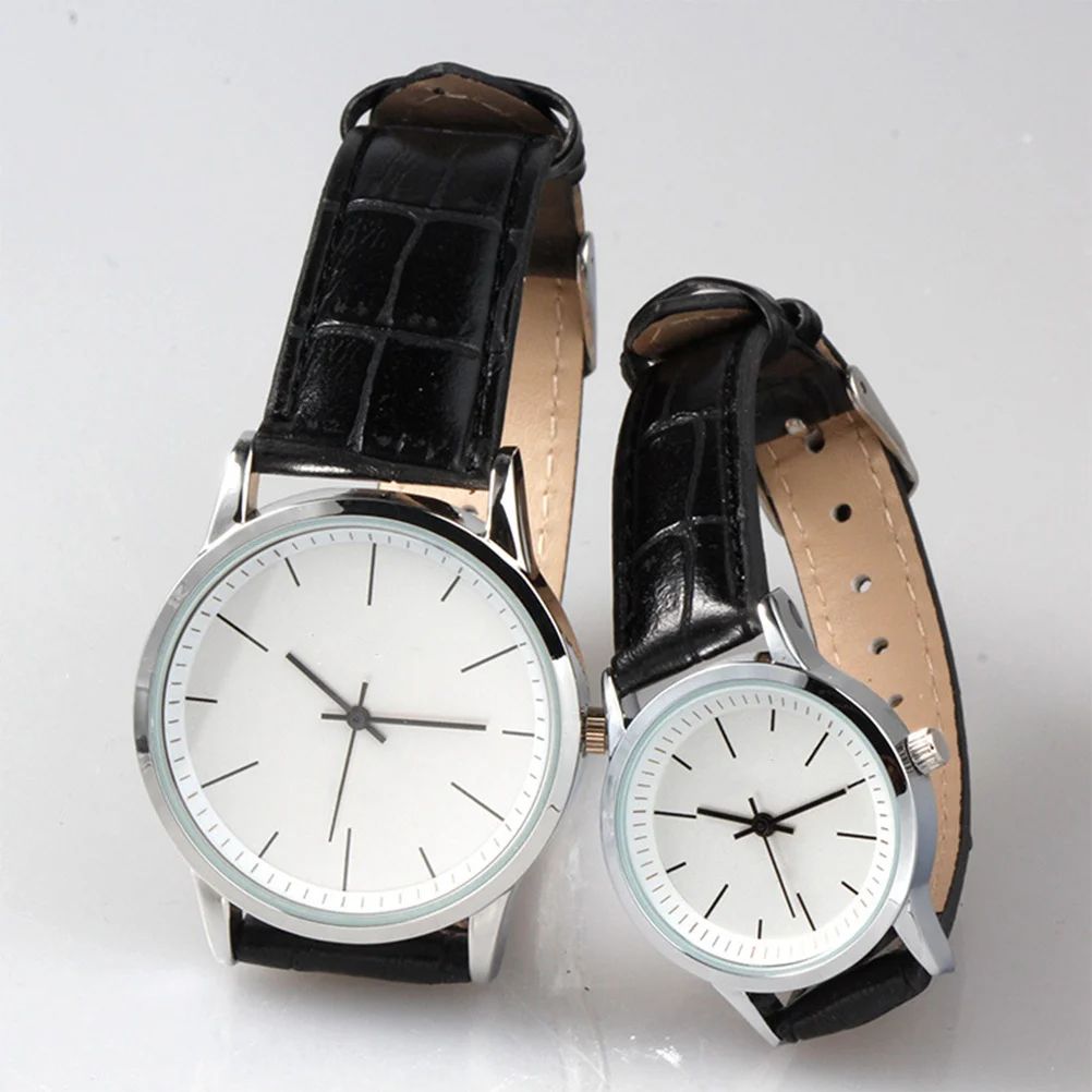

2pcs Strap Couple Watches Fashion Quartz Wristwatches Adjustable Pu Band Black Band White Dial Valentine Gift Durable