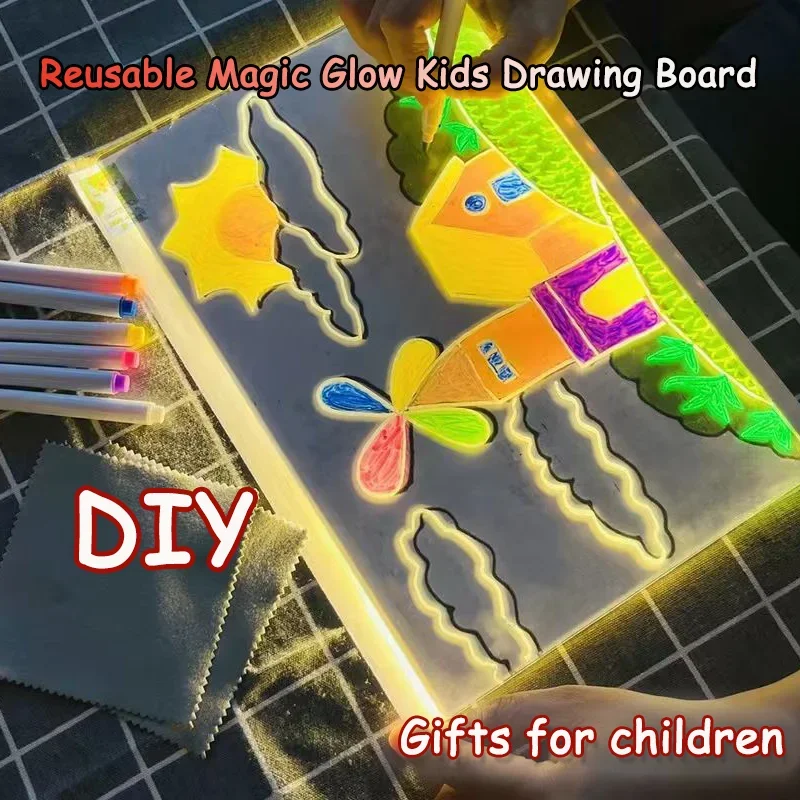 DIY Erasable Light-Up Doodle Pad  - Reusable Magic Glow Kids Drawing Board for Ages 3-6+ | Fun Educational Toy Menu Board Gift