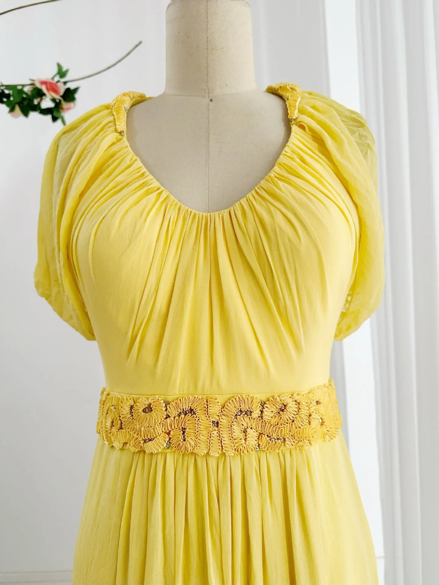 Yellow Mid -Sleeved V -Neck Simple Chiffon Slimming Shows Daily Party Can Wear Party Night Dress Skirt M2105