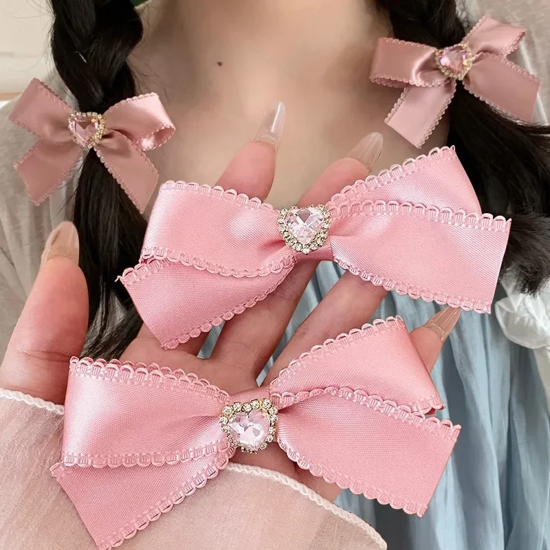 Hollow Heart Diamond Bow Hairpin Cute Lolita Girl Hair Clip Fashion Pink Barrettes Ribbon Bowknot Hairslide Headwear Accessories