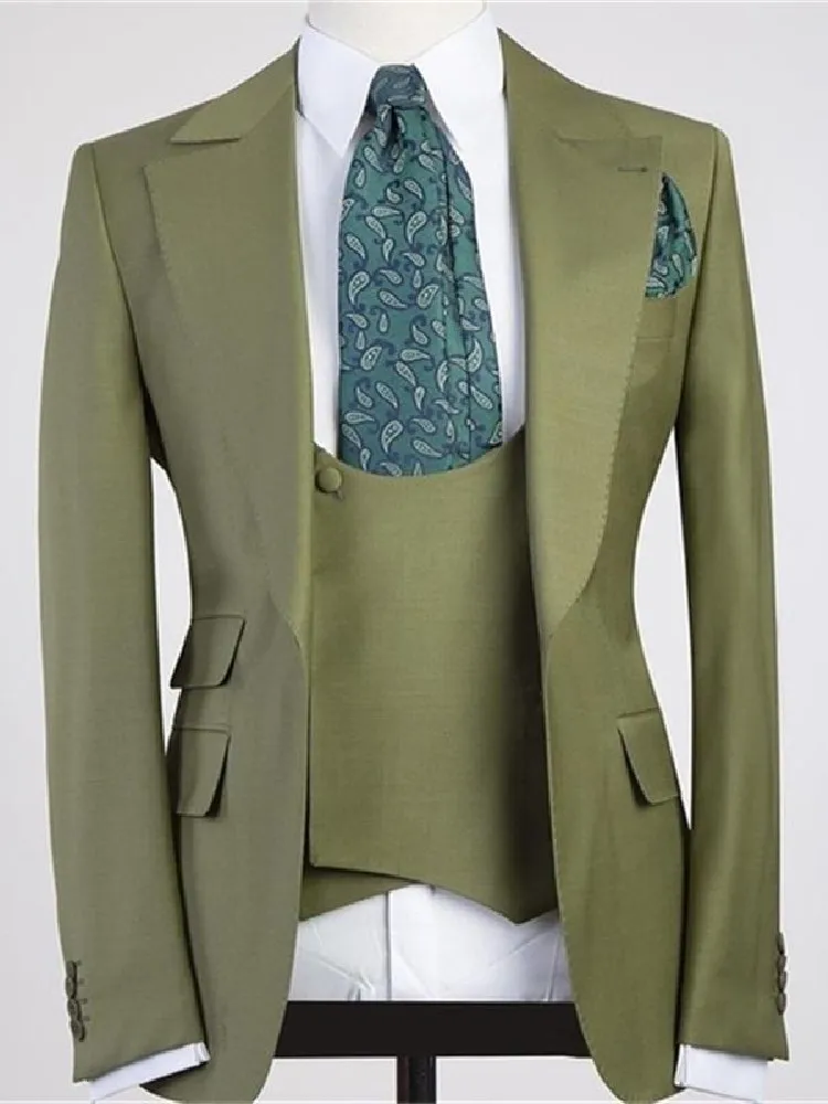 

Green Men Suit 3 Pieces Slim Fit Tailor-Made Blazer Vest Pants One Button Wedding Groom Work Wear Business Causal Tailored