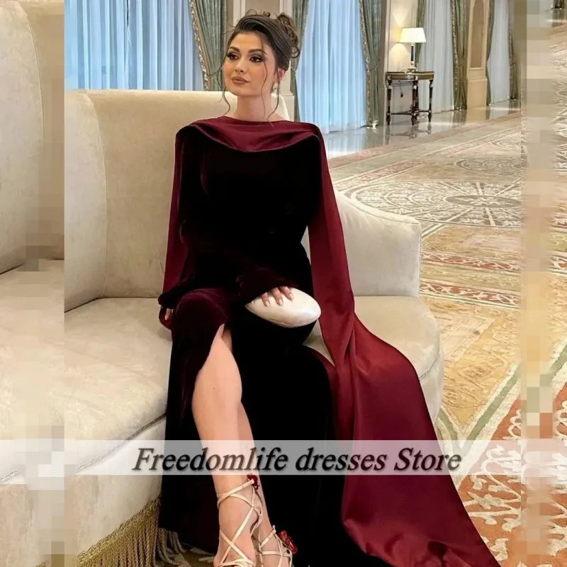 Stunning Burgundy Evening Dresses With Cape Backless Pearls Arabic Dubai Wedding Party Gowns Long Sleeve Velvet Vestido De Noche