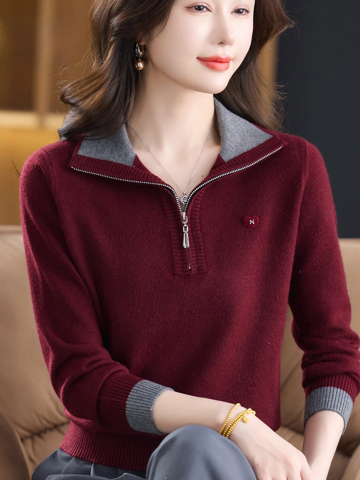 

Spring Faion Contrast Color Knitted Base irt Women's Loose Fit f Zipper Turn-down Collar Top for Middle-aged And ly