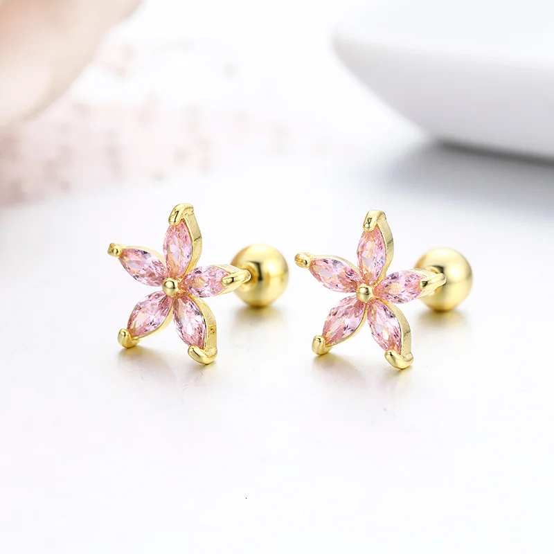 7Colors Cute Five Petals CZ Stone Flower Screw Back Stud Earrings For Women Kids Girls Gold Color Piercing Jewelry Aros Kolczyki