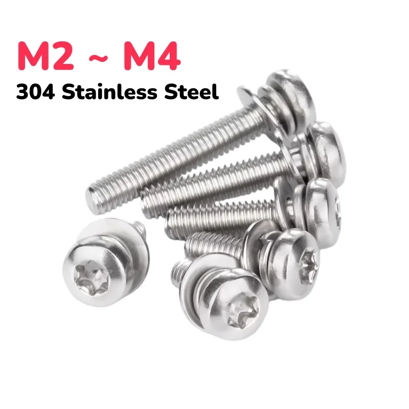 M2 ~ M4 304 Stainless Steel Round Torx Pan Screw With Flat Spring Washer Three Combination Screw
