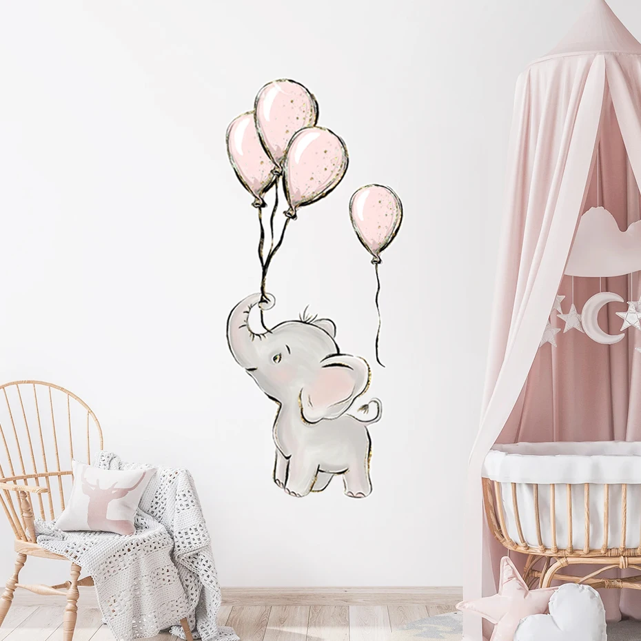 

Cartoon Grey Elephant Balloon Wall Decals Nursery Removable Vinyl Watercolor Wall Decals Kids Boys and Girls Room Home Decor