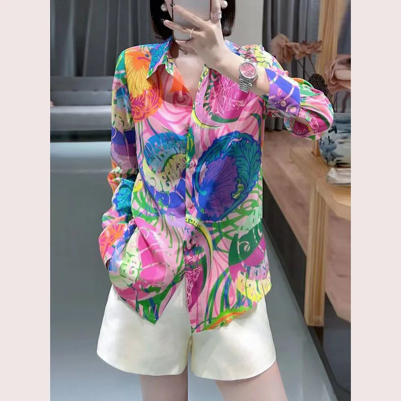 Camisa holgada de manga larga con solapa estampada Vintage para mujer, blusa informal que combina con todo, ropa para viaje, Otoño, 2023