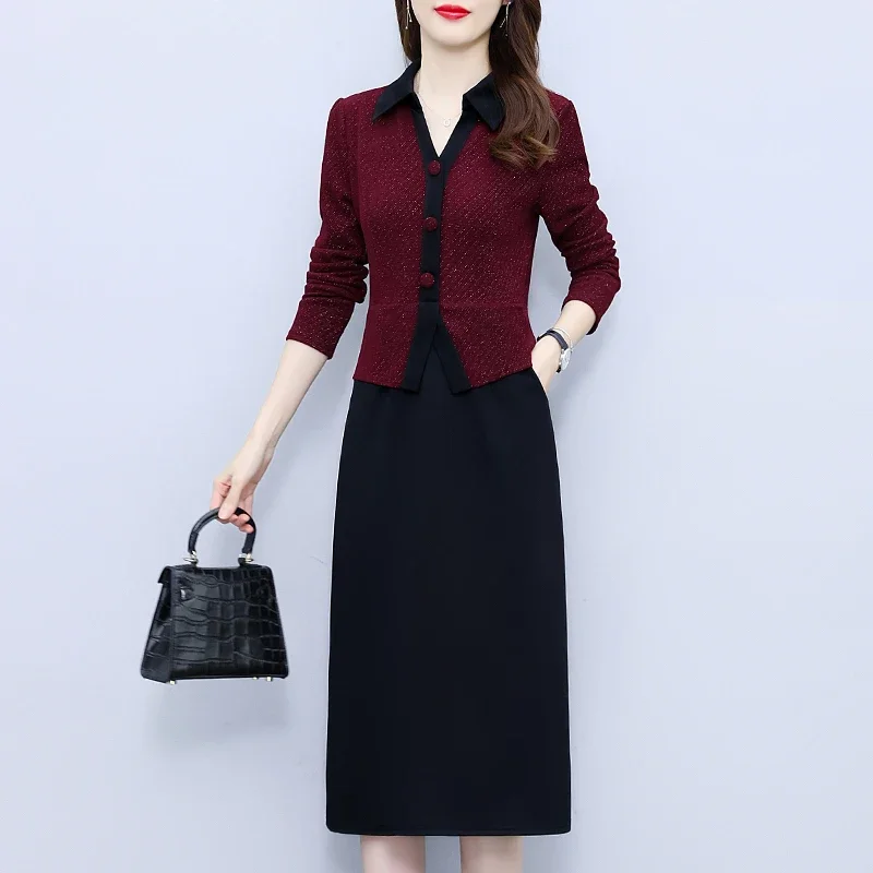 

Autumn Knitted Black Patchwork Fake Two Piece Dress Chic Bow Elegant Lace Winter Women's Dress Vintage Casual Party Night Dress