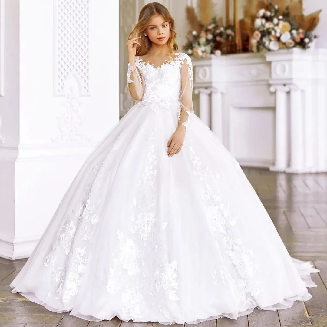 

Customized Flower Girl Dresses White Floral Embroidery Appliques Trailing Long Sleeve For Wedding Birthday Party Banquet Gown