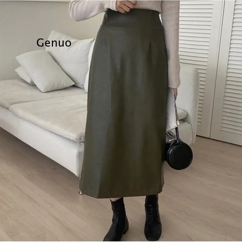 New Korean Retro Versatile High Waist Slim Back Split Design Feel Wrapped Hip Pu Leather Half Length Dress for Women