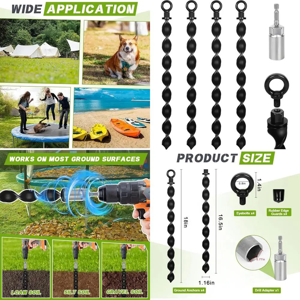

16.5" Ground Anchors Screw in with Power Nut Driver Drill Bit, Heavy Duty Spiral Trampoline Stakes Anchors High Wind for Trampol