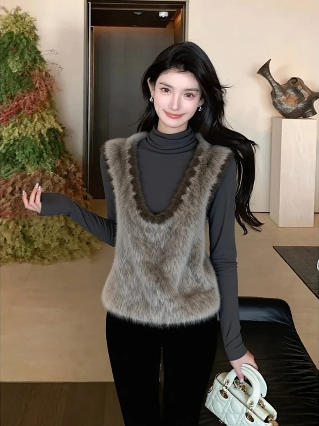 

Женский жилет больших размеров в стиле колор-блок, повседневный, свободный, весенний, модный, удобный, в корейском стиле, теплая верхняя одежда с V-образным вырезом