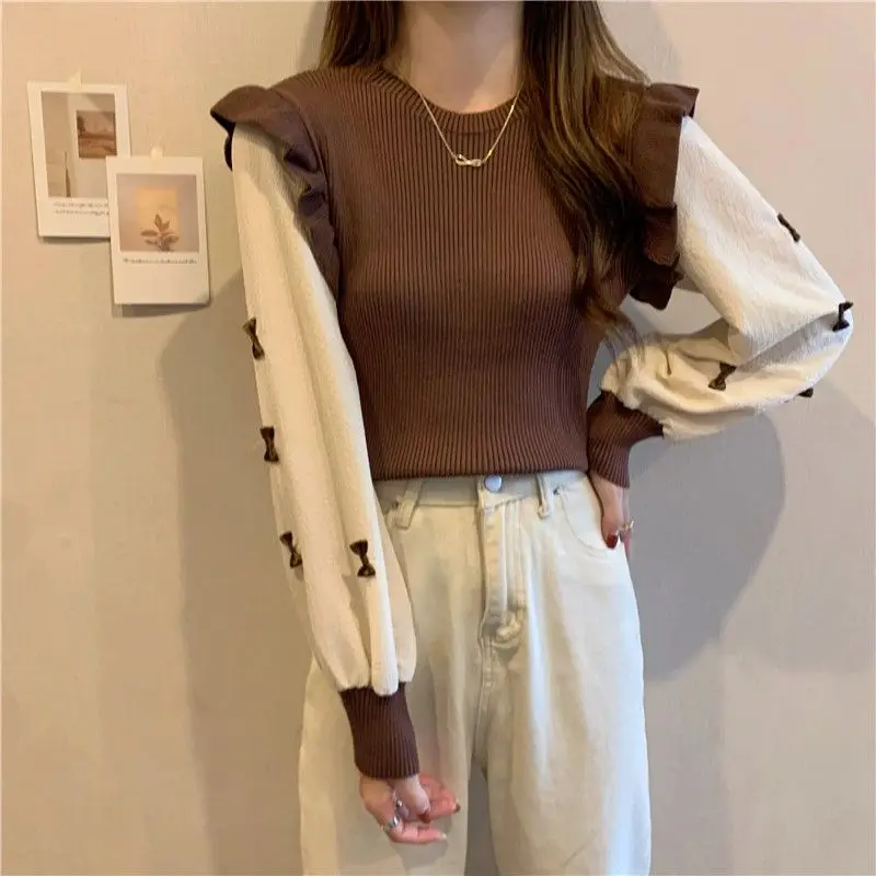 New Women's O Neck Lantern Sleeve Spliced Sweater Korean Sweet Casual Knit Tops Bow Printed Pullover Soft Slim Knitwear Jersey