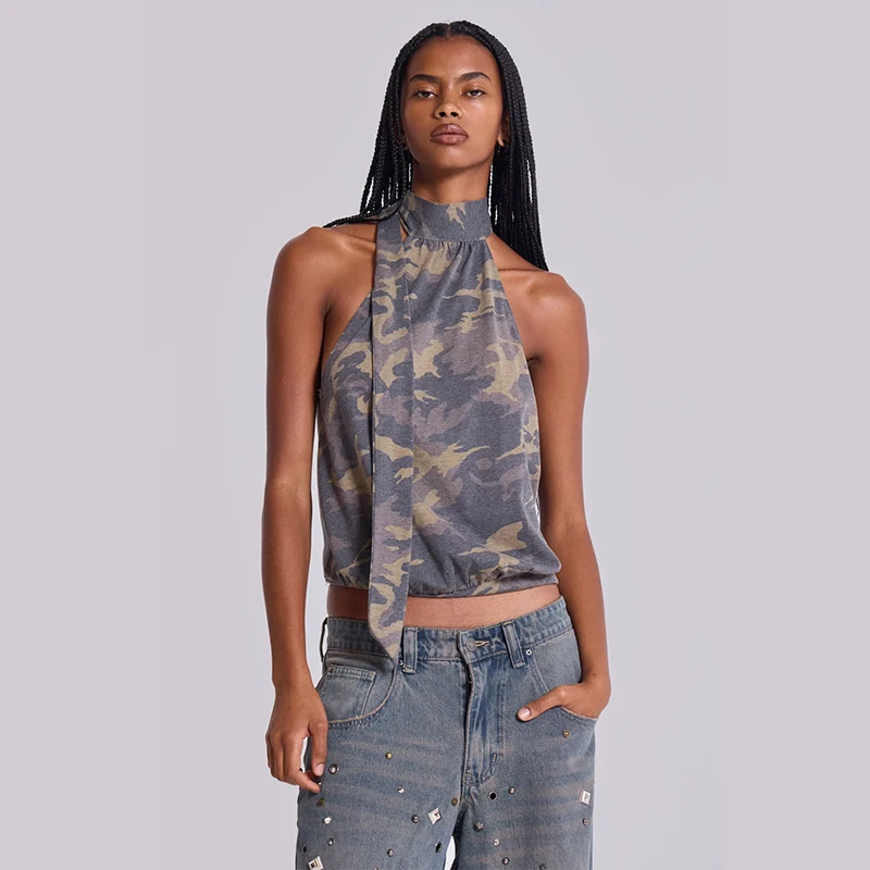 

Сексуальный камуфляжный укороченный топ без бретелек с принтом в уличном стиле, облегающий, короткий, верхняя одежда для женщин, лето 2025, дизайн с вырезом на шее