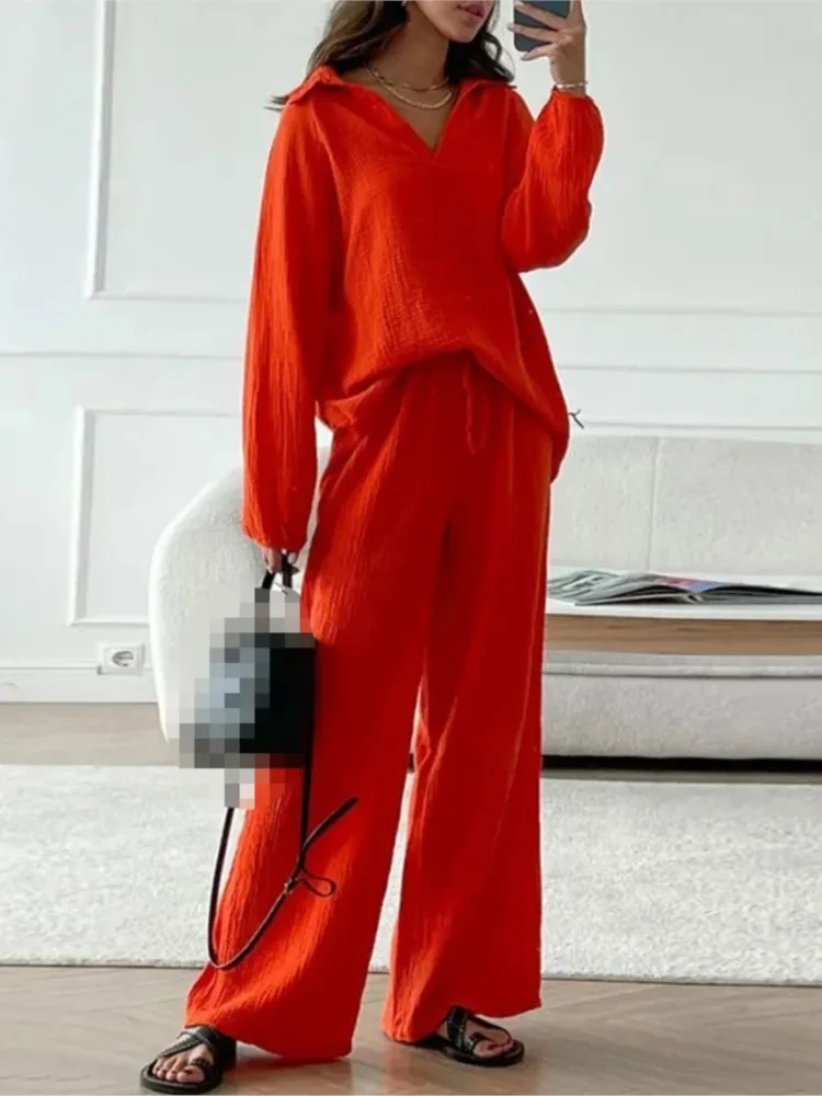 

Summer Casual Turn-down Collar Pants Suit Women Long Sleeve Loose Tops Lace Up Wide Leg Trousers Set Lady 2-pieces Outfits
