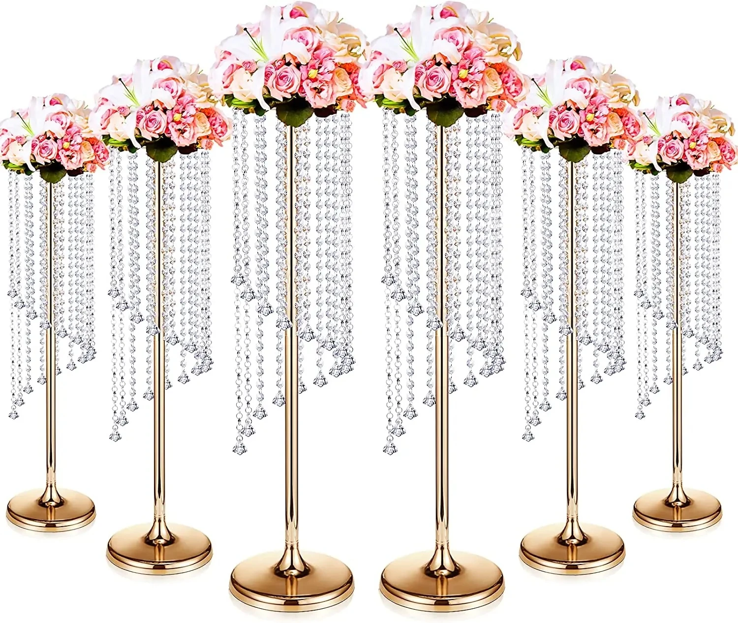 6 Pcs/lot Crystal Gold Vase for Wedding Centerpiece, Table Decorations, Metal Flower Holder, Stand for Road, 6 PCs