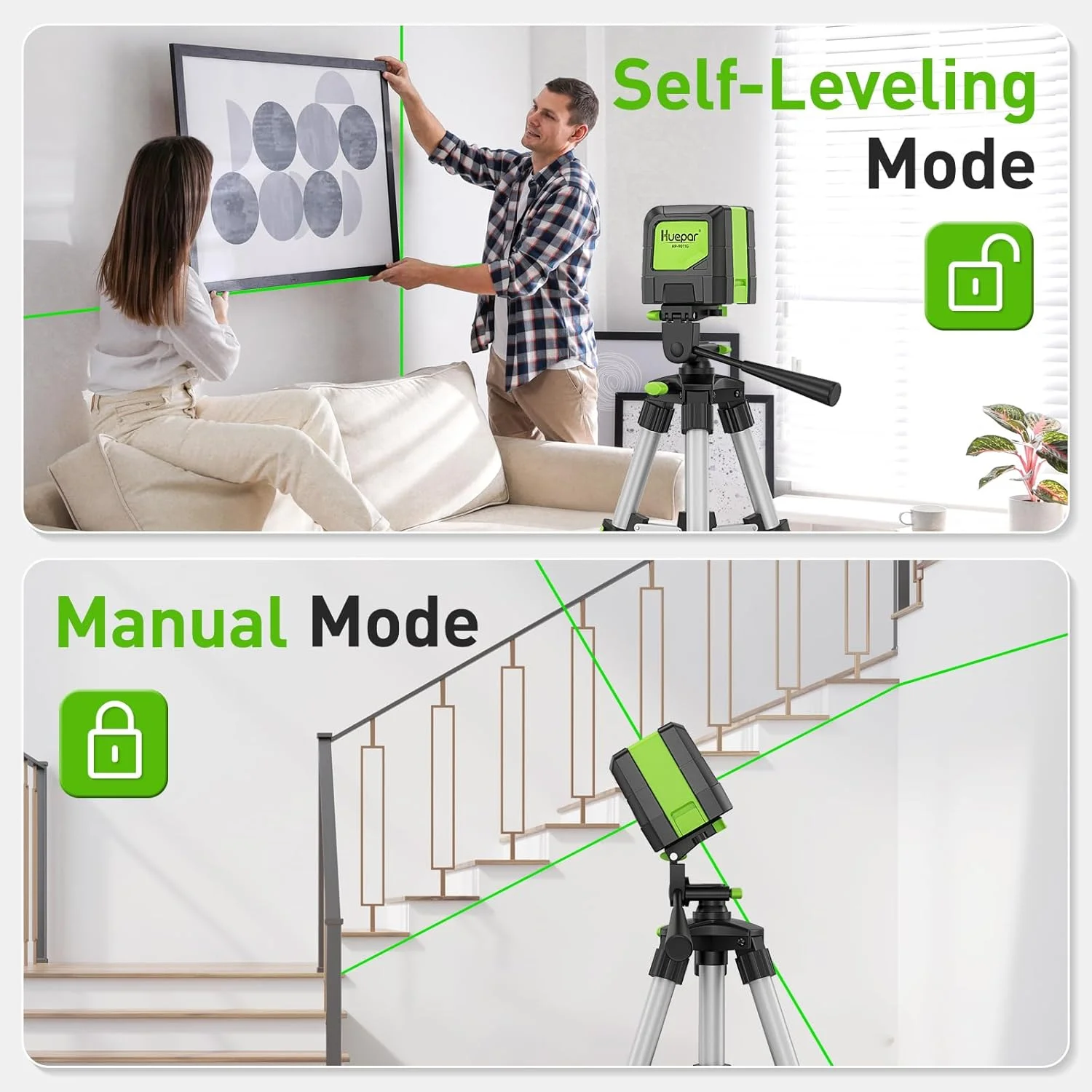 Huepar 2 Lines Green Beam Laser Level 9011G with 65cm Tripod Self-Leveling Horizontal & Vertical Cross Line Laser for Home DIY