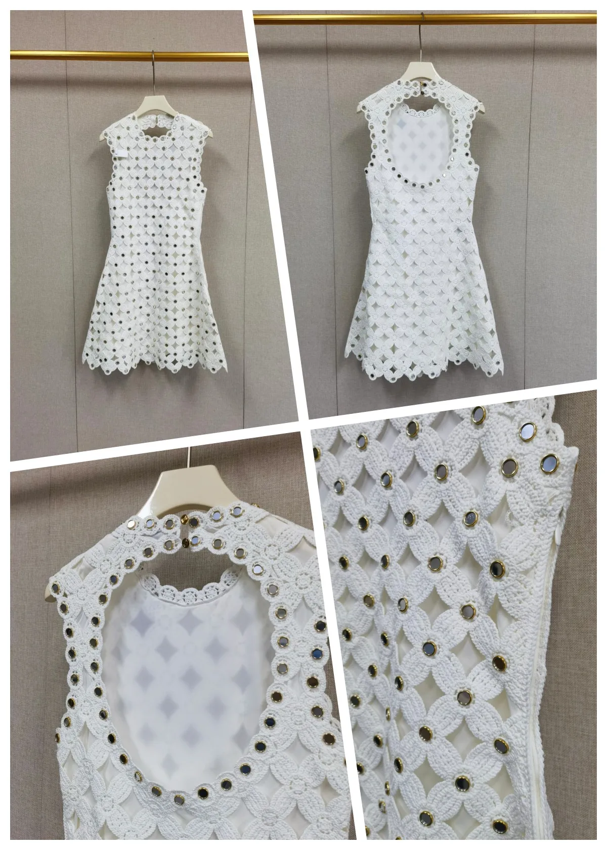 

2026 Spring/Summer Women O-Neck Lace Hollow Embroidery Sleeveless Solid Knit Dress Slim Fashion Knitwear Mini Skirt