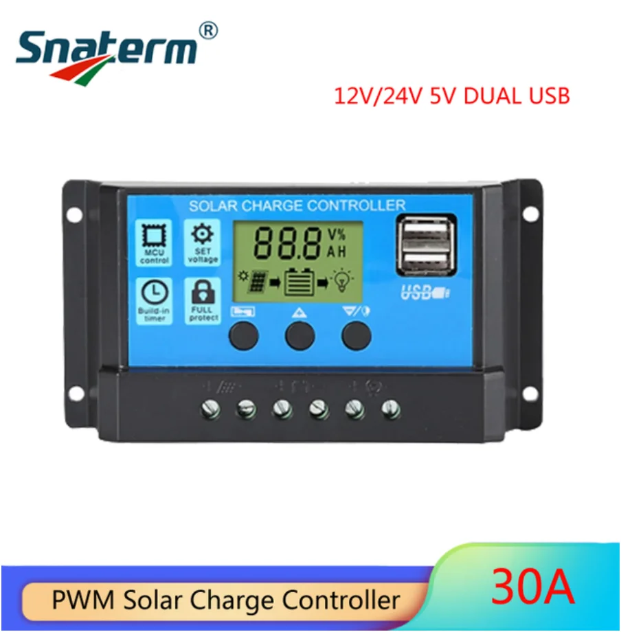 10A 20A 30A 12V 24V Auto Solar cells Panel Battery Charge Controller PWM Solar PV Regulators LCD Display 5V USB