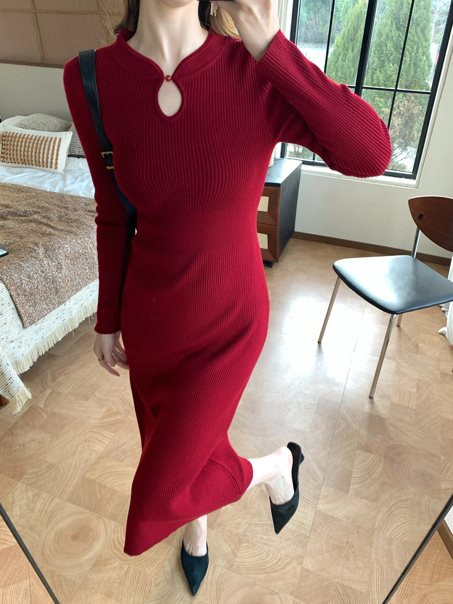 

Красное вязаное женское платье-миди для похудения, новое весеннее праздничное платье с завышенной талией FT GUOGE, повседневная одежда для женщин