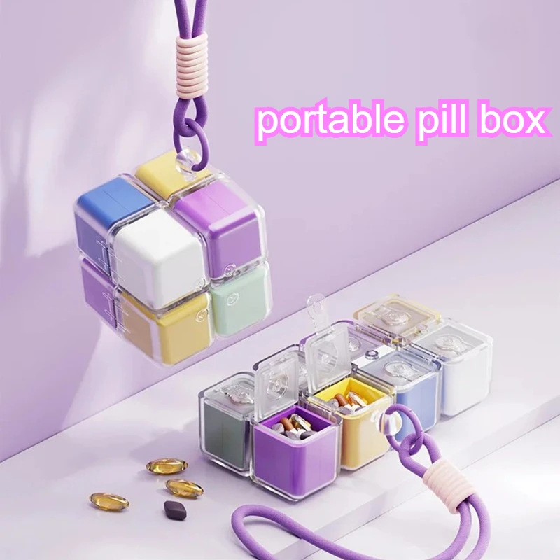 1PC Magic Cube 8-Grid Medicine Storage Box Sealed Moistureproof Travel Essential with Hanging Rope Creative Storage Solution