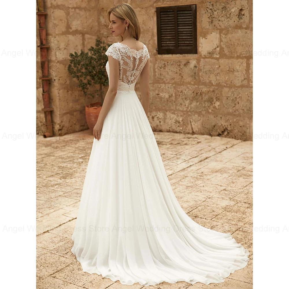 ANGEL فساتين زفاف أنيقة على شكل حرف a للنساء مخصصة من الدانتيل الوهم الخلفي كم قصير رقبة دائرية طويلة زي العرائس Vestidos De Noiva