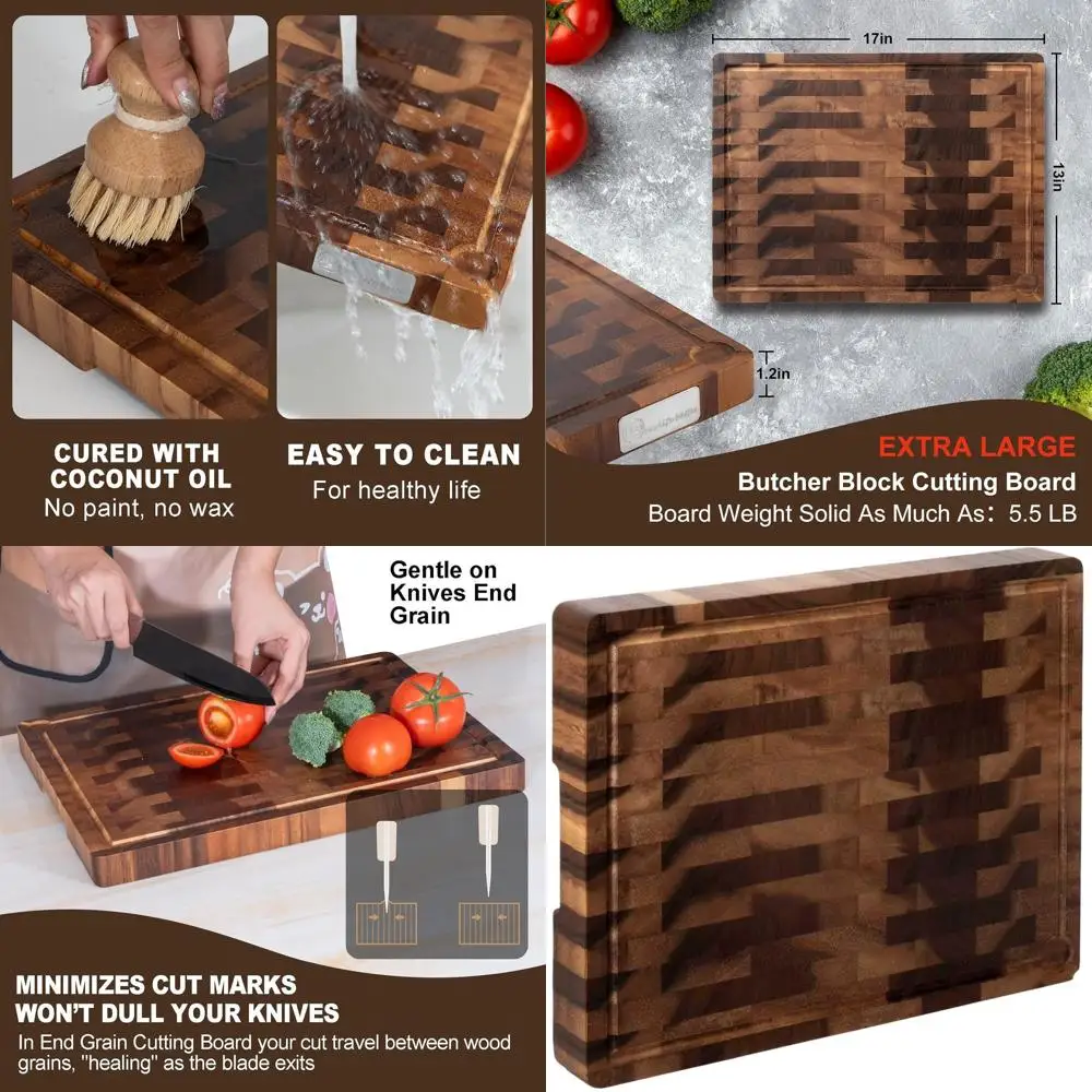 

17x13 Inch Walnut End Grain Cutting Board with Juice Groove and Built-in Handle for Kitchen Use