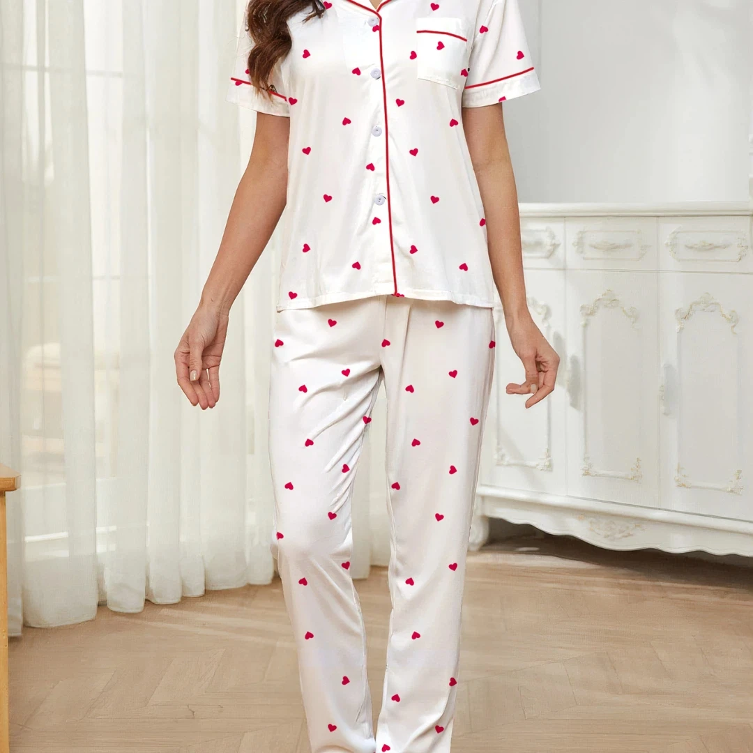 

Red Heart Print Pajamas White Lapel Short Sleeve Long Pants Loungewear Home Wear Set Sleepwear Clothes for Christmas Gift for Wo