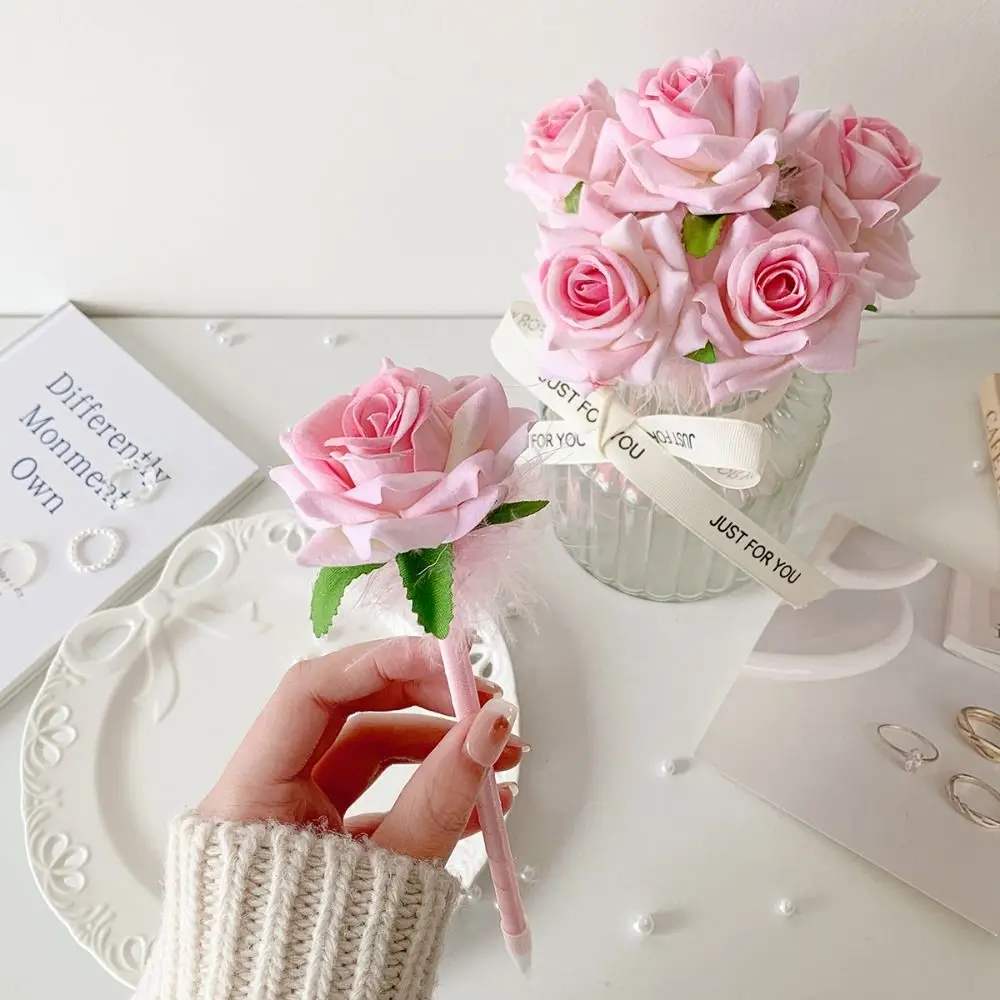 Creative Polyester Fibre Gel Pen Plastic Simulated Rose Ballpoint Pen Writing Tools Gift