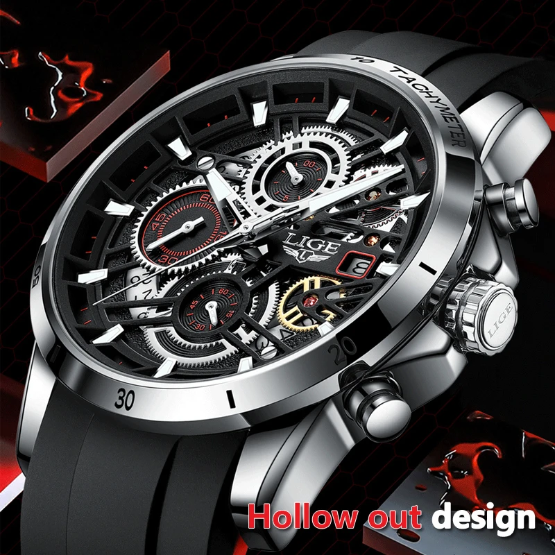 LIGE Men Watch Fashion Business Watches Mens Hollow out Chronograph Wristwatch Sport Waterproof Watch for Men Relogio Masculino
