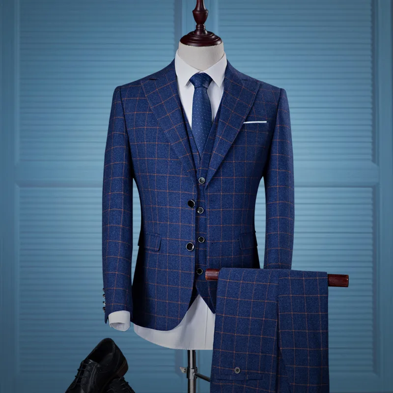 

S071908 Three piece suit set for men, commercial British plaid casual three piece set