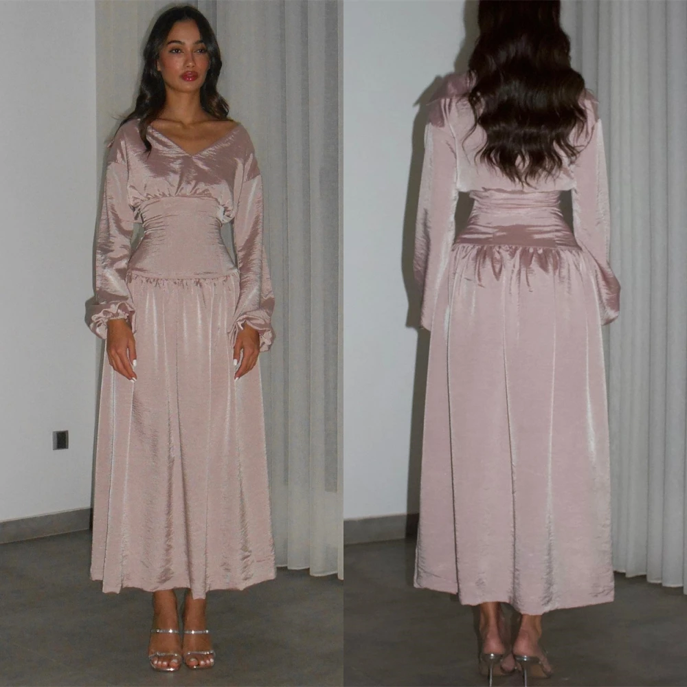 

Customized Elegant V-Neck Satin Evening Dress Delicate Long Sleeves Prom Dresses Temperament Ankle Length Special Occasion Gowns
