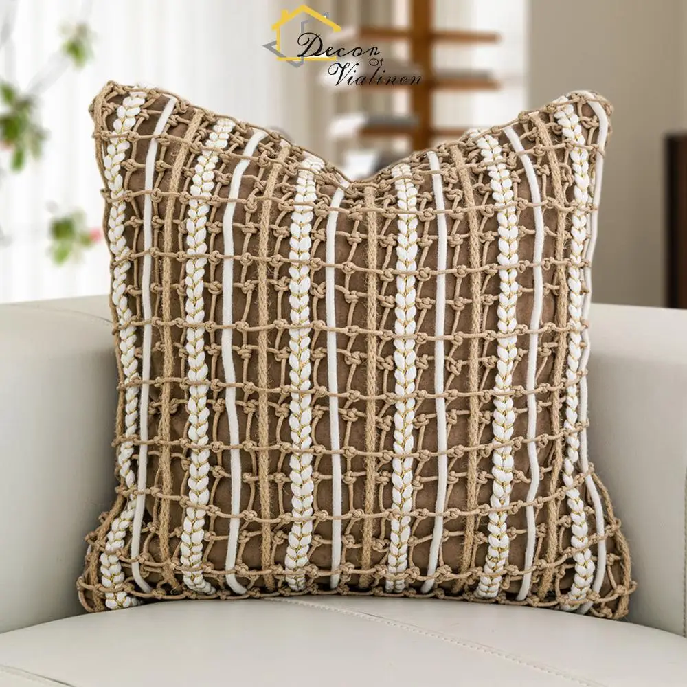 Modern Wabi Sabi style handmade woven pillow, high-end model room, soft fitting pillowcase, milk tea colored cushion, exhibition