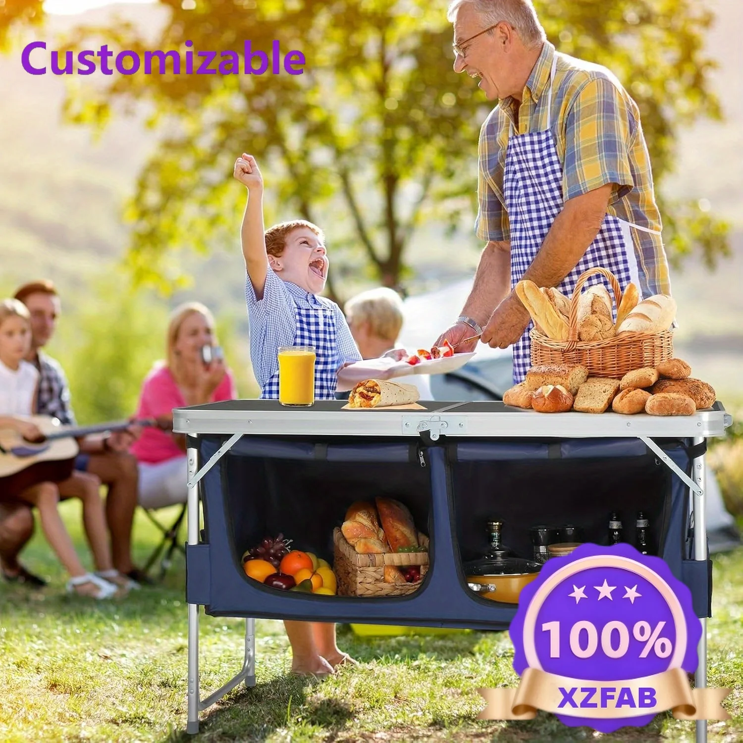Factory Direct 2026 Bonnlo 4ft Folding Table with Storage Aluminum Camping Picnic Table Adjustable Height for Outdoor Beach BBQ