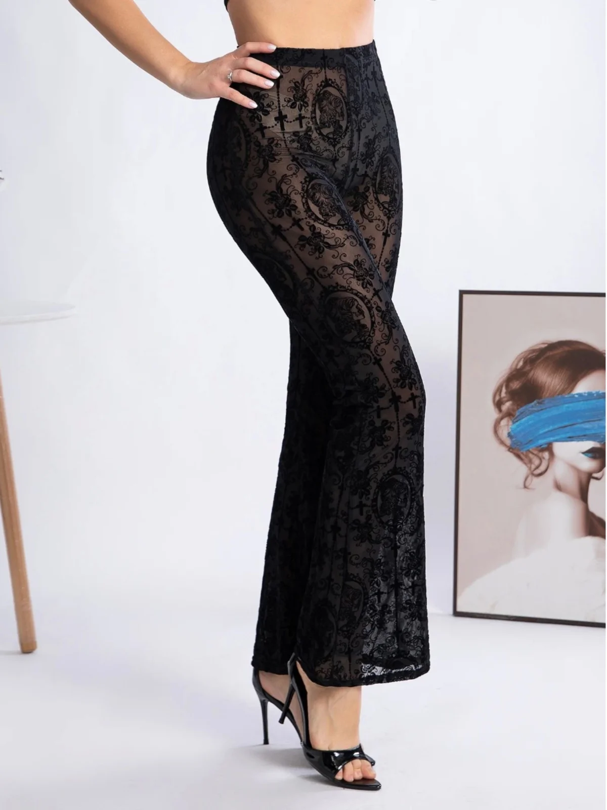 

High Waist Printed Lace Pants for Women Casual Long Trousers Polyester Fiber Versatile Sle Women's Faion 2024 Autumn