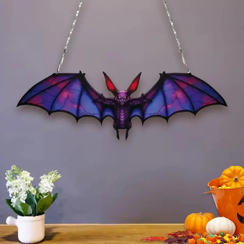 Halloween Bat Stained Glass Ornament Acrylic Halloween Bat Pendant Decor Vivid Design Wall Art Ornaments For Garden Wall Window