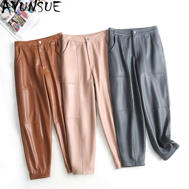 

AYUNSUE Genuine Leather Pants Women High Waist Pants Korean Fashion Harem Pants Ankle-length Sheepskin Trousers Streetwear Women