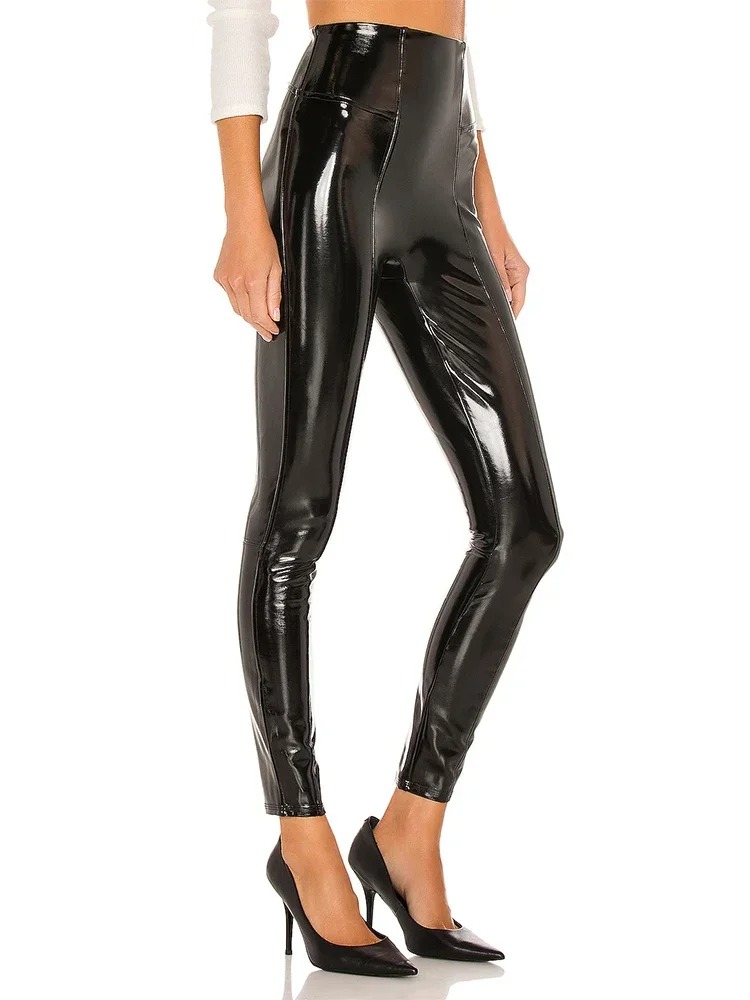 Shiny Patent Leather Leggings Women Faux Latex High Waist Pencil Pants Slim Stretch Bodycon Splicing Trousers Clubwear Custom