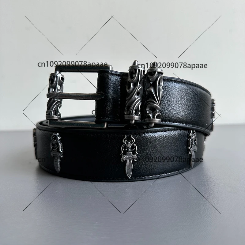 925 Silver Classic Genuine Leather Totem Belt, Needle Buckle, Carved Roller, Hollow Punk Light Luxury Belt and Trouser Belt